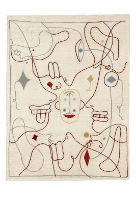 Nanimarquina Silhouette Teppich 170x240 cm: Indoor Teppich mit abstraktem, farbigem Gesichter-Muster auf beigem Grund.